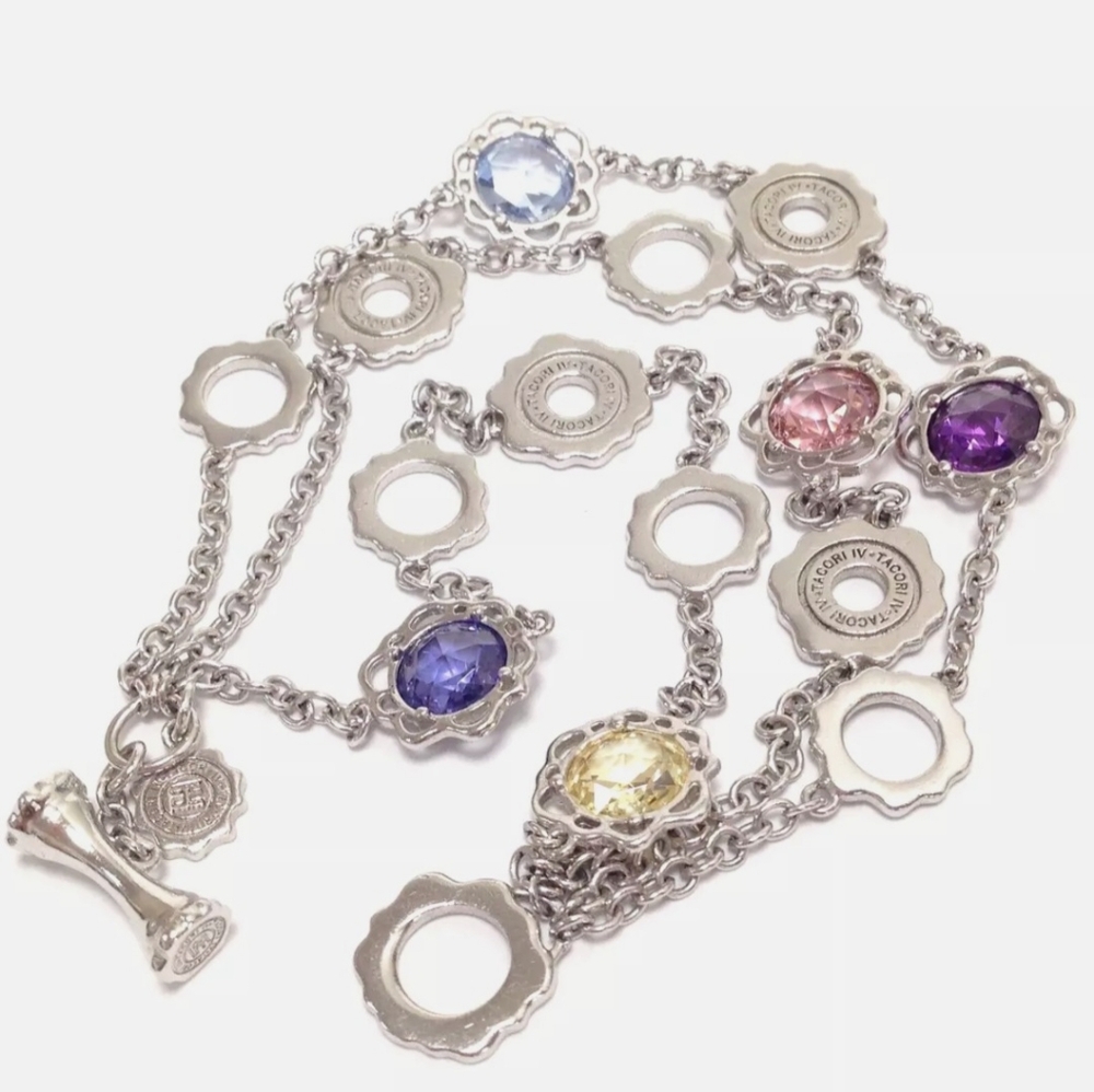 TACORI IV 925 Sterling Silver Multi Color CZ Gemstone 3-Strand Lotus Bracelet